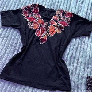 Vintage Custom painted Black V-Neck Top with Red and Orange Shells Design